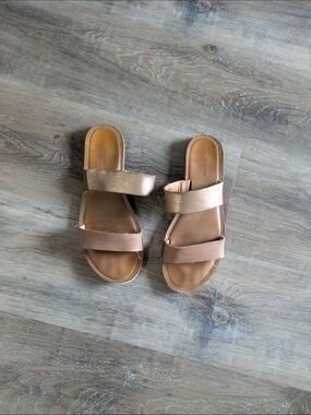 Time and Tru Rose Gold and Tan Double-Strap Slide Sandals